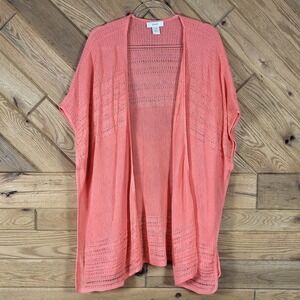 CJ Banks Cardigan Sweater Womens 2X/3X Open Front Pointelle Knit Poncho Coral